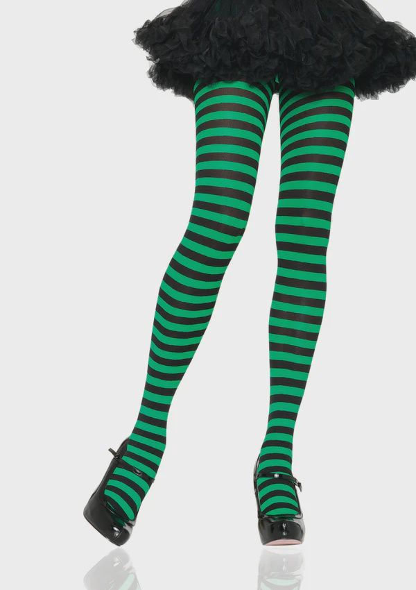 Nylon Stripe Tights OS Black/Kelly Green