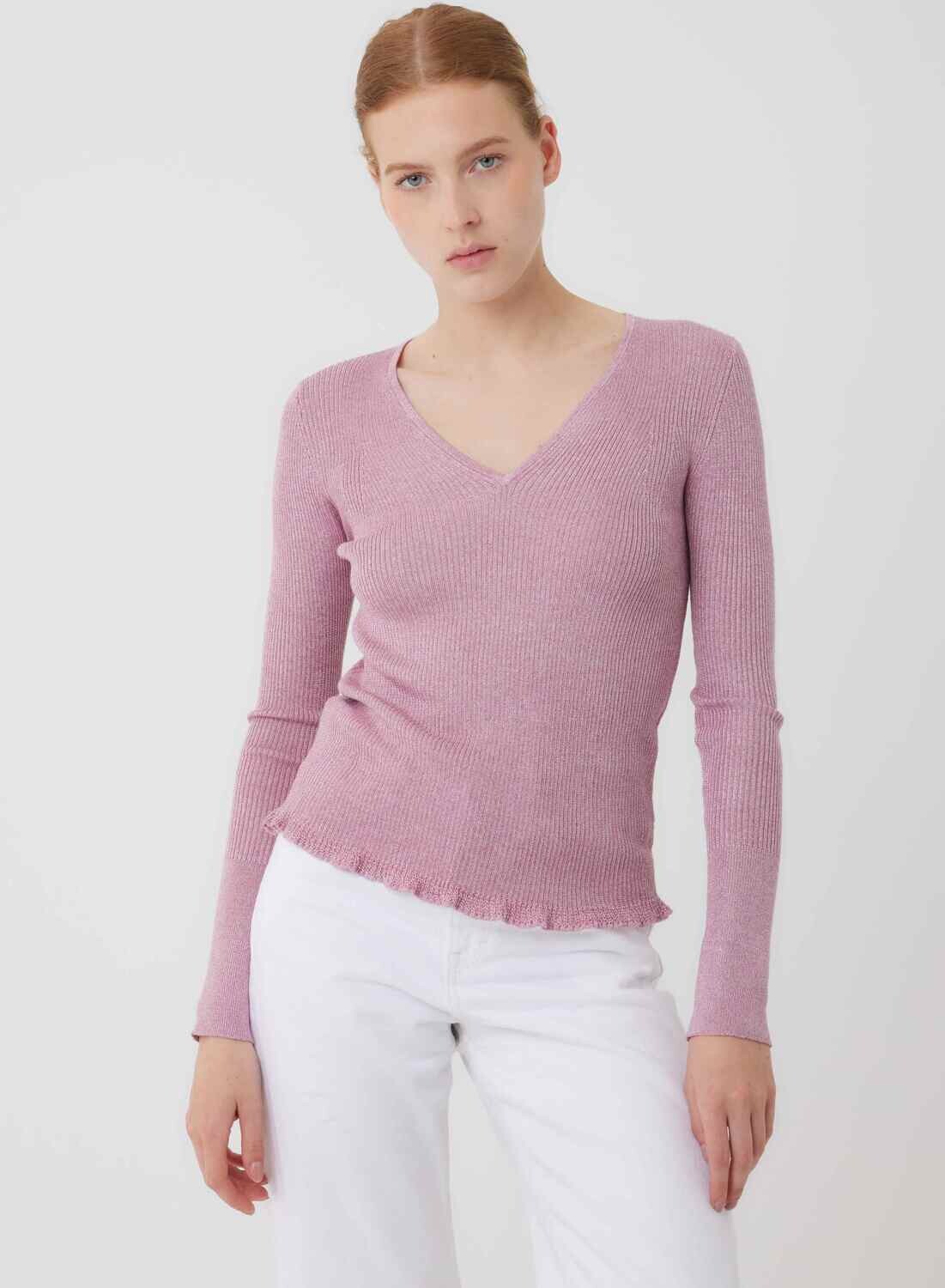 Viscose Metallic Rib L/S Vneck (K195FPU527)