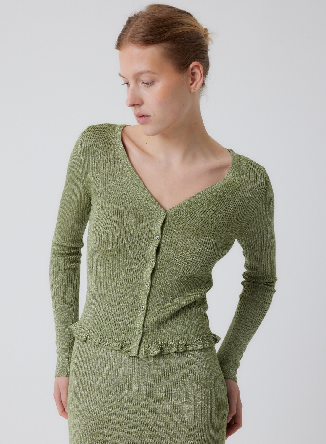 Viscose Metallic Rib Vneck Cardigan (K195FGI180)