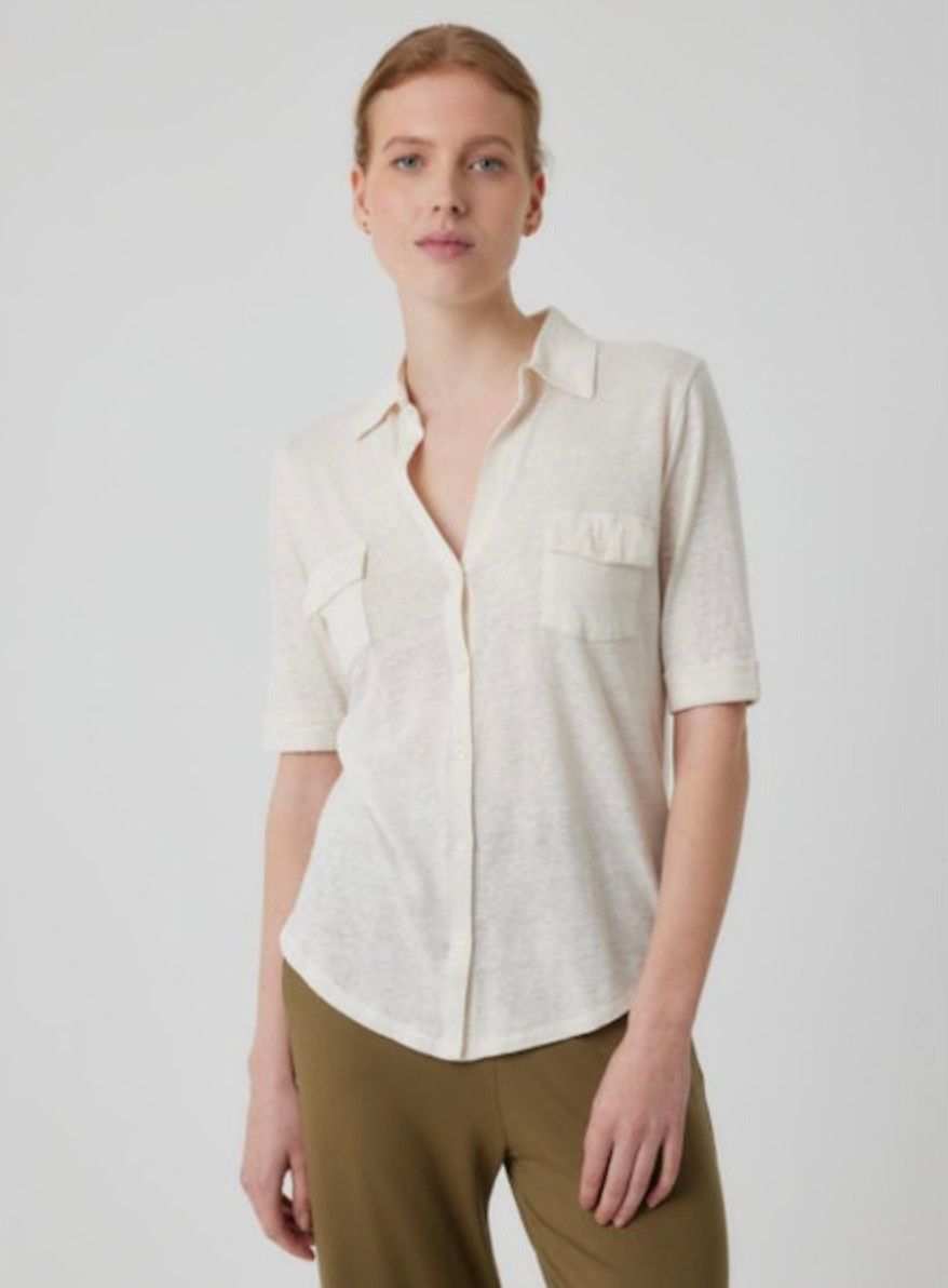 Stretch Linen Elbow Sleeve Pocket Shirt (M011FCH014)