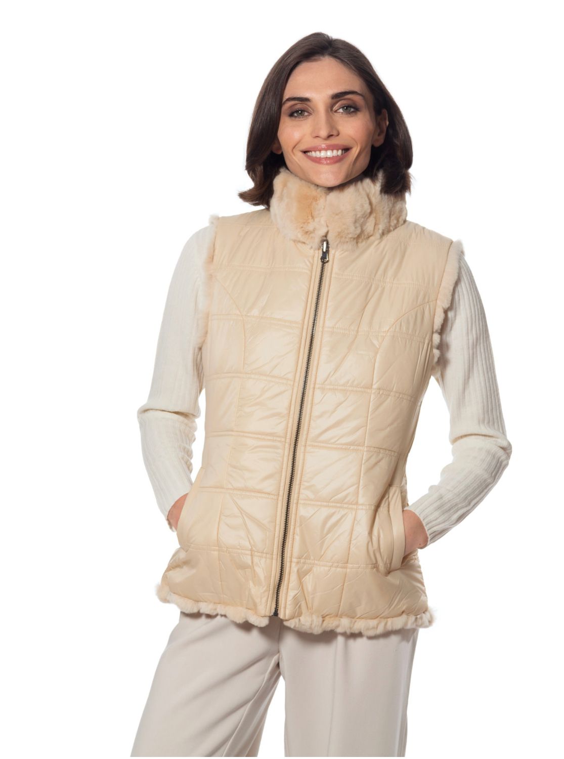 (FK-260) Reverse Zip Fur Vest, Color: CHM, Size: XS