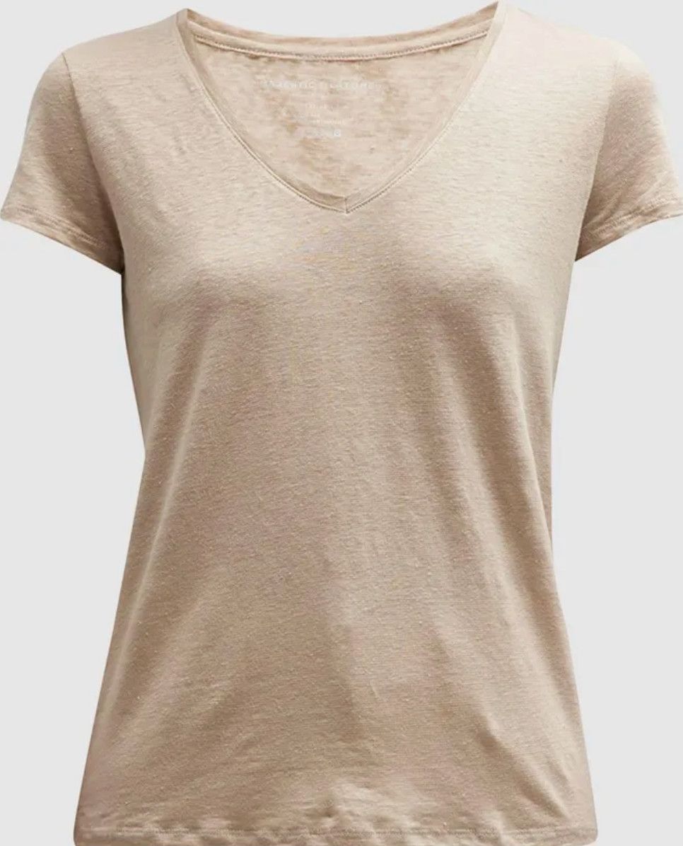 Stretch Linen Short Sleeve V-neck (M011FTS164), Color: 104 Cream, Size: 1