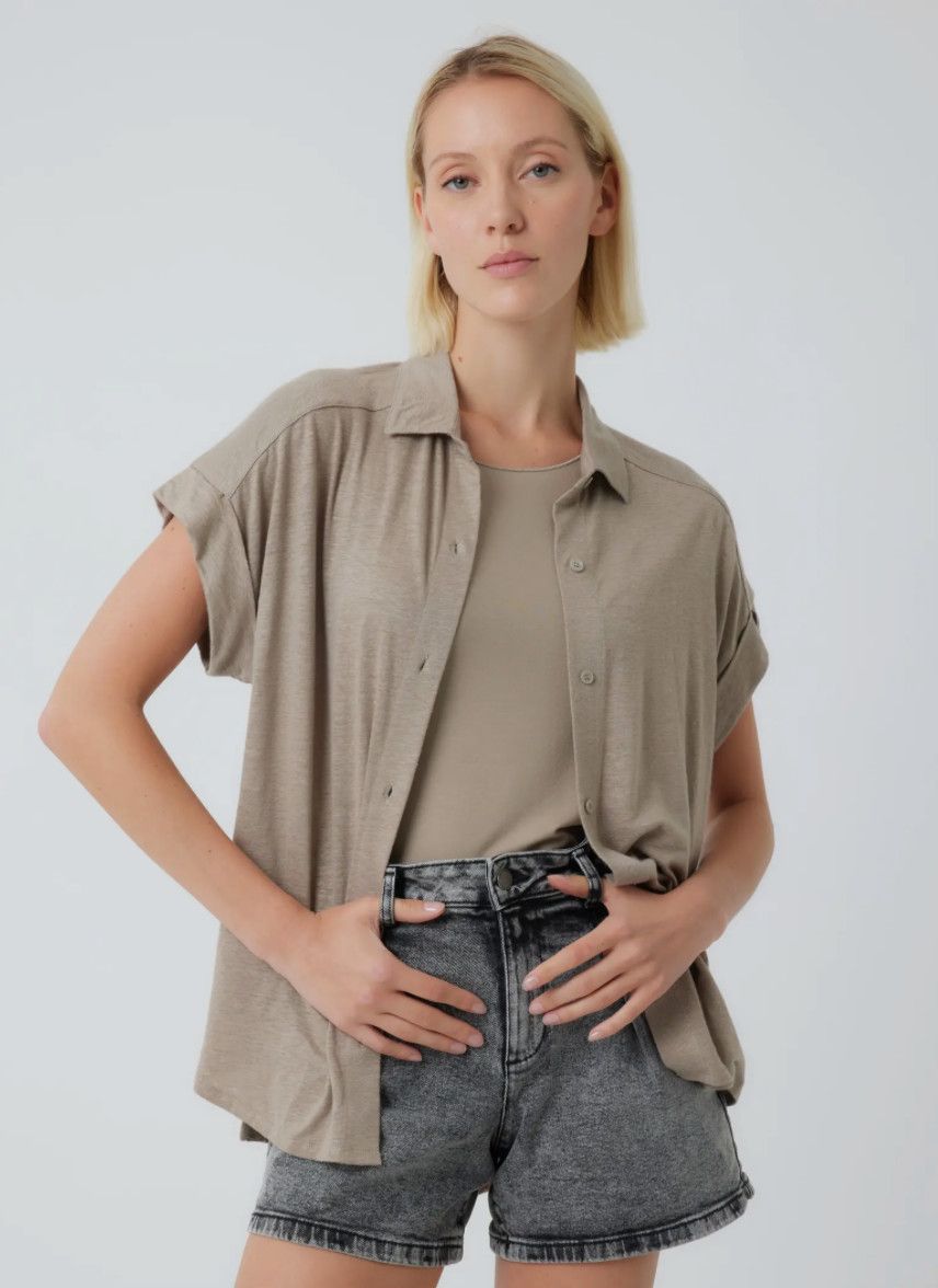 Stretch Linen S/S Shirt w Roll Cuff(M011FCH121)