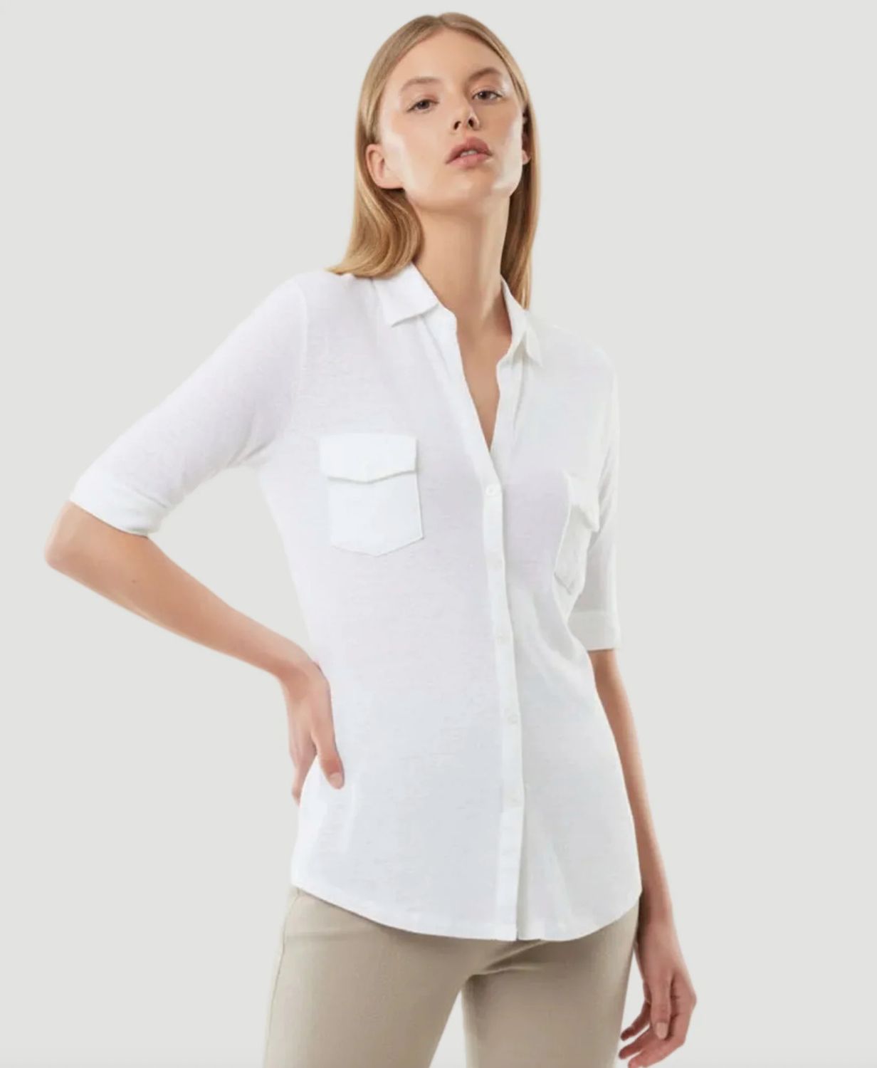 Stretch Linen Elbow Sleeve Pocket Shirt (M011FCH014)