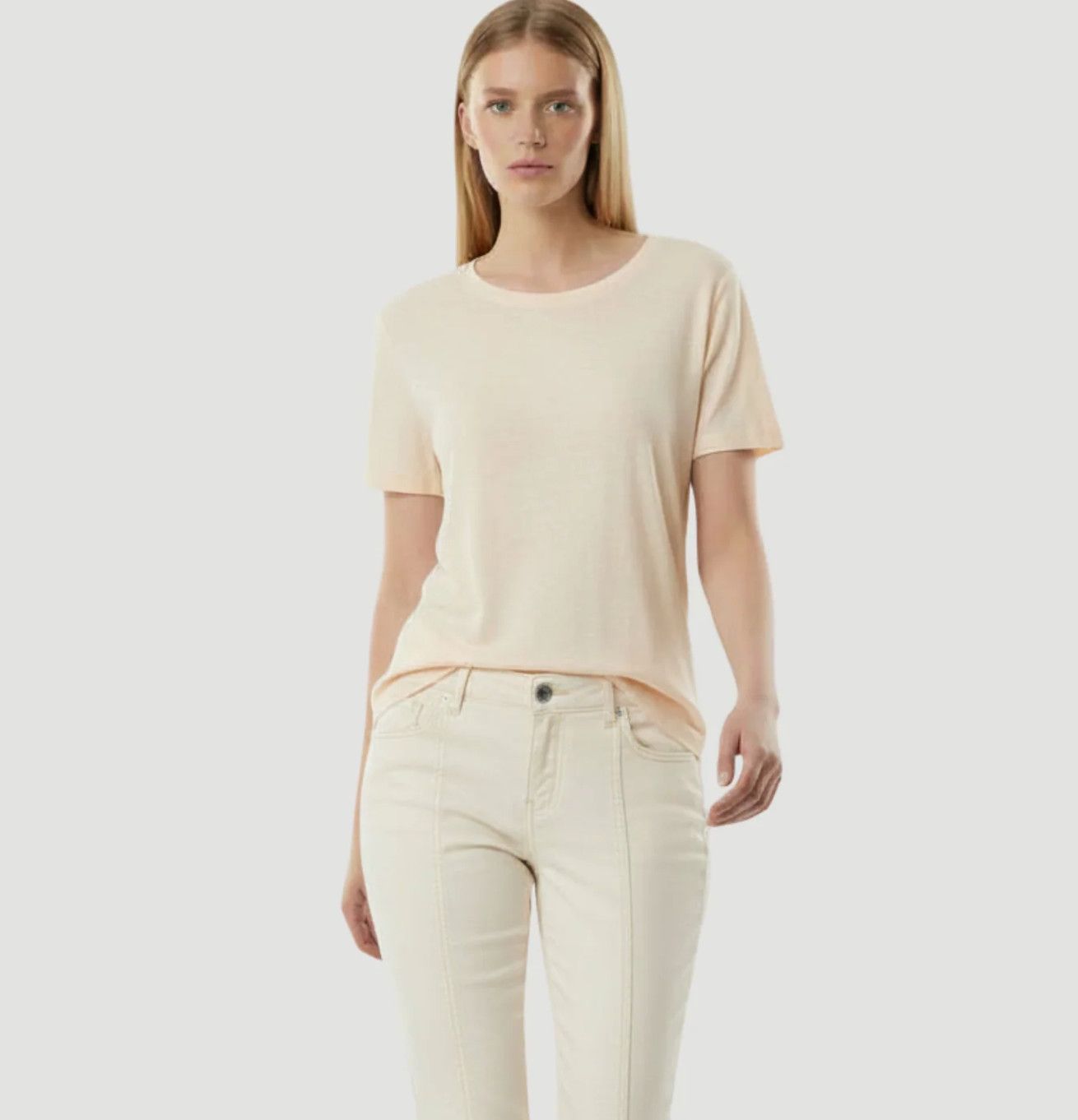 Stretch Linen Elbow Sleeve Relax Crew Neck (M011FTS570)