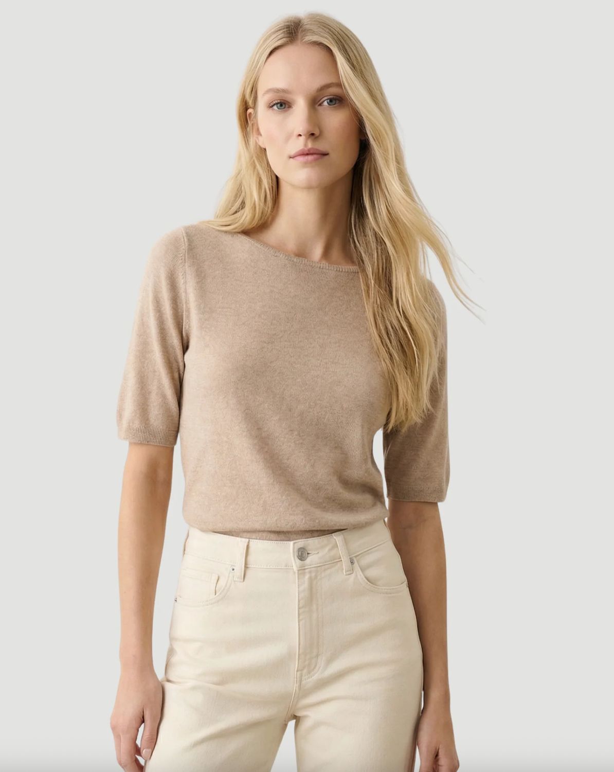 Linen Knit Elbow Sleeve Boatneck (K194FPU515)