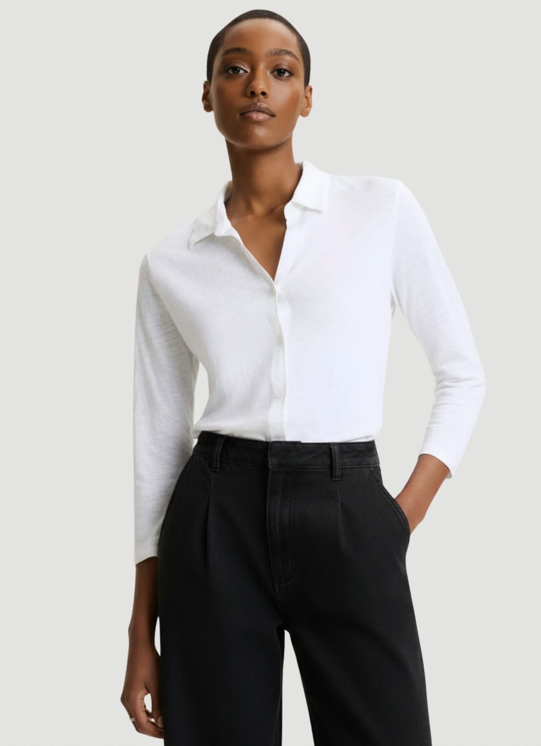 Stretch Linen 3/4 Sleeve Shirt (M011FCH079)