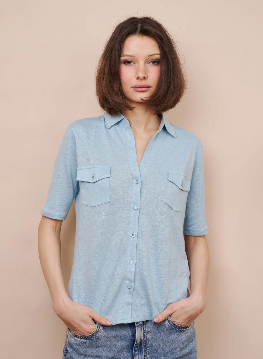 Stretch Linen Elbow Sleeve Pocket Shirt (M011FCH014)