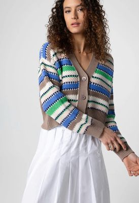 Cotton Knit Stripe Long Sleeve V-neck Cardigan (K259FGI257)