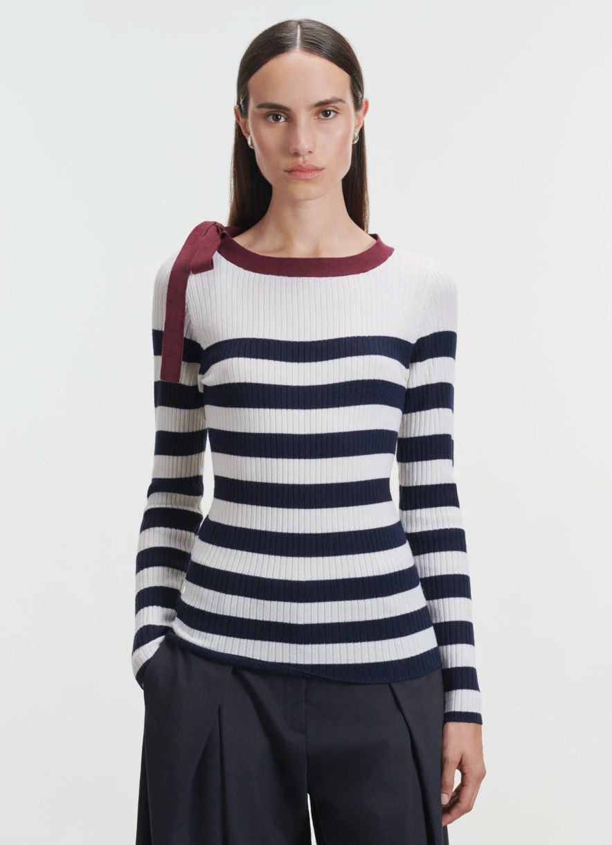 Rib Merino Stripe Long Sleeve Crew w/ Tie (K268FPU808)