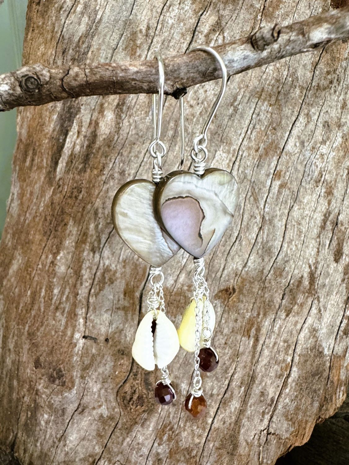 Heart and Cowrie and Hessonite Garnet Earrings Heart and Cowrie and Hessonite Garnet Earrings