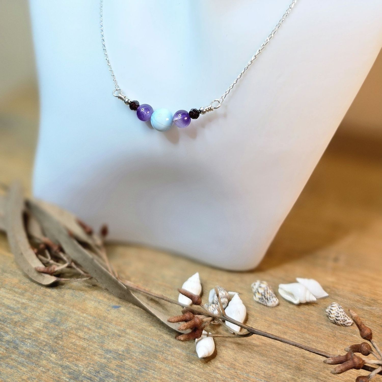 Larimar, Amethyst and Hessonite Garnet Bar Necklace Larimar, Amethyst and Hessonite Garnet Bar Necklace