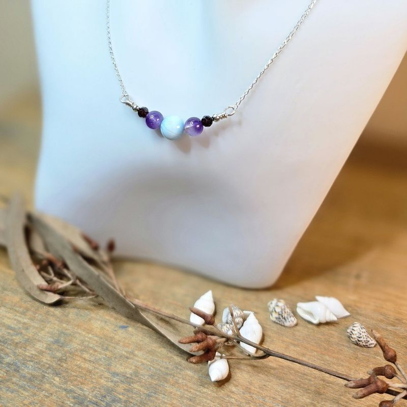 Larimar, Amethyst and Hessonite Garnet Bar Necklace Larimar, Amethyst and Hessonite Garnet Bar Necklace