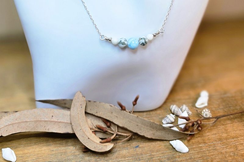 Larimar, Moss Agate and Onyx Bar Necklace Larimar, Moss Agate and Onyx Bar Necklace