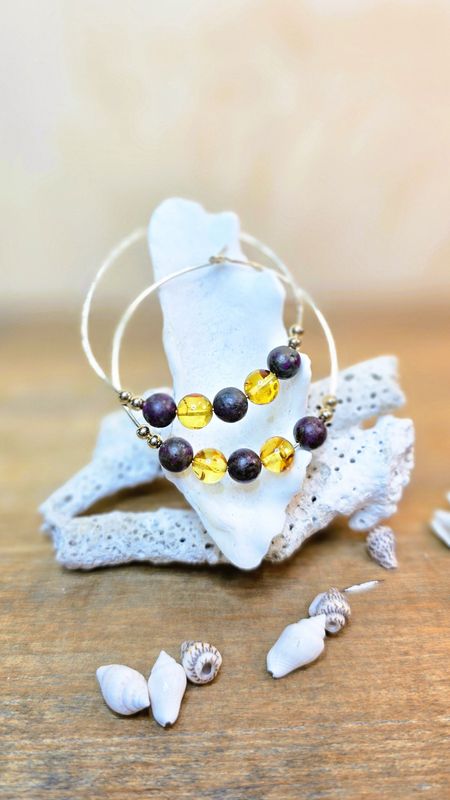 Sapphire and Amber Hoops with gold beads Sapphire and Amber Hoops with gold beads