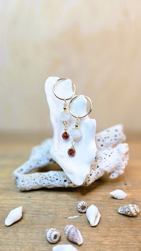 Moonstone with Hessonite Garnet drop on 15mm Endless Hoop Moonstone with Hessonite Garnet drop on 15mm Endless Hoop