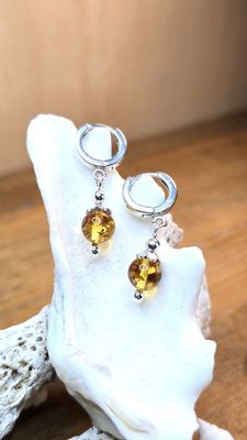 Amber Minimalist Sterling Silver Earrings with 12mm Huggie Hoops Amber Minimalist Sterling Silver Earrings with 12mm Huggie Hoops