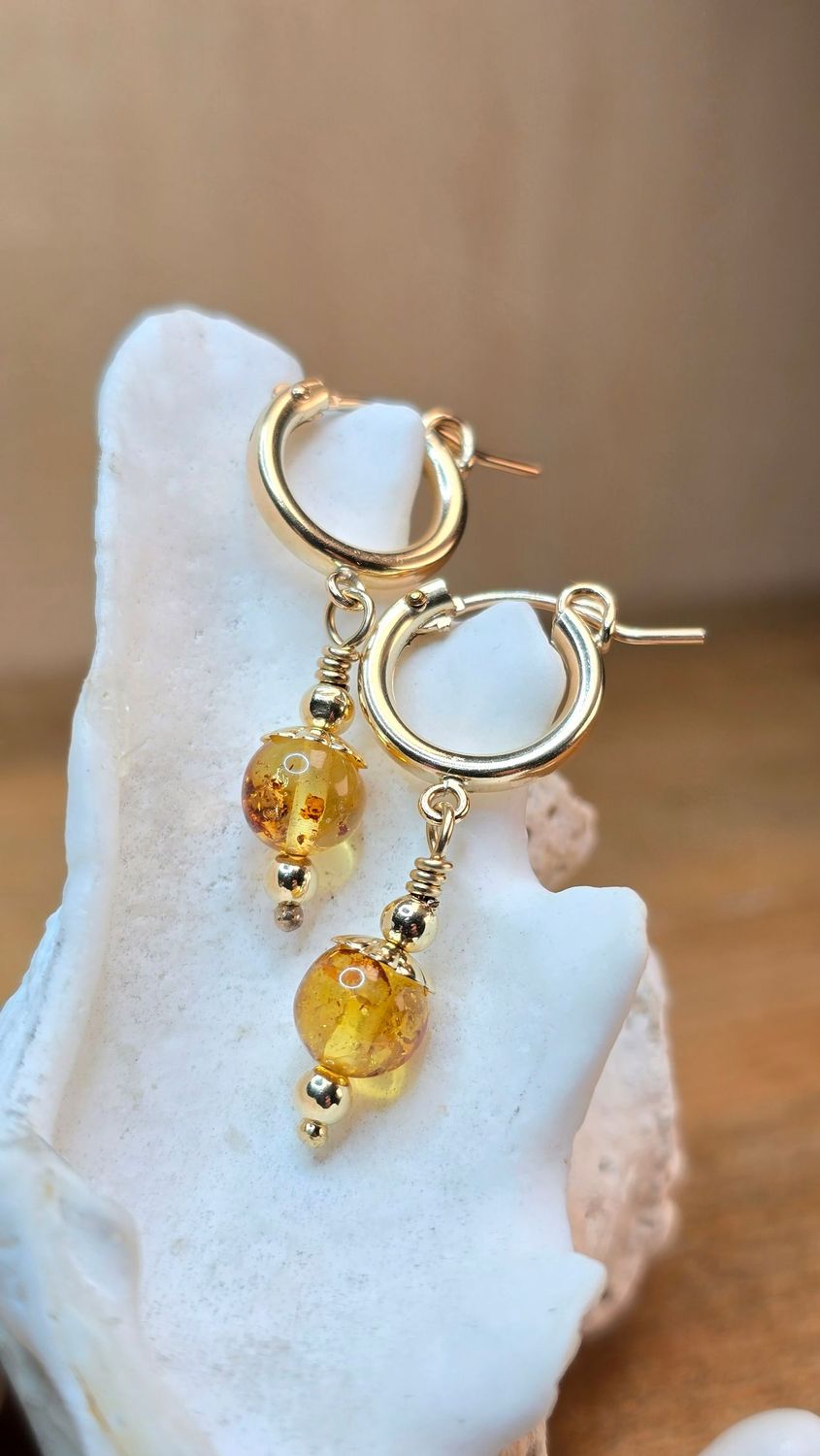 Amber Minimalist Gold Filled Earrings with 12mm Tube Hoops Amber Minimalist Gold Filled Earrings with 12mm Tube Hoops