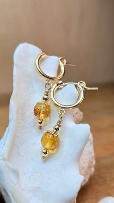 Amber Minimalist Gold Filled Earrings with 12mm Tube Hoops Amber Minimalist Gold Filled Earrings with 12mm Tube Hoops