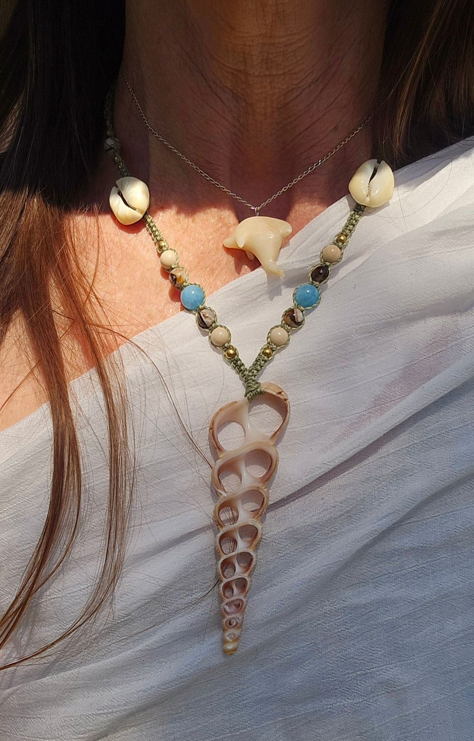 Seashell, Cowrie and Gemstone Macramé Necklace Choker