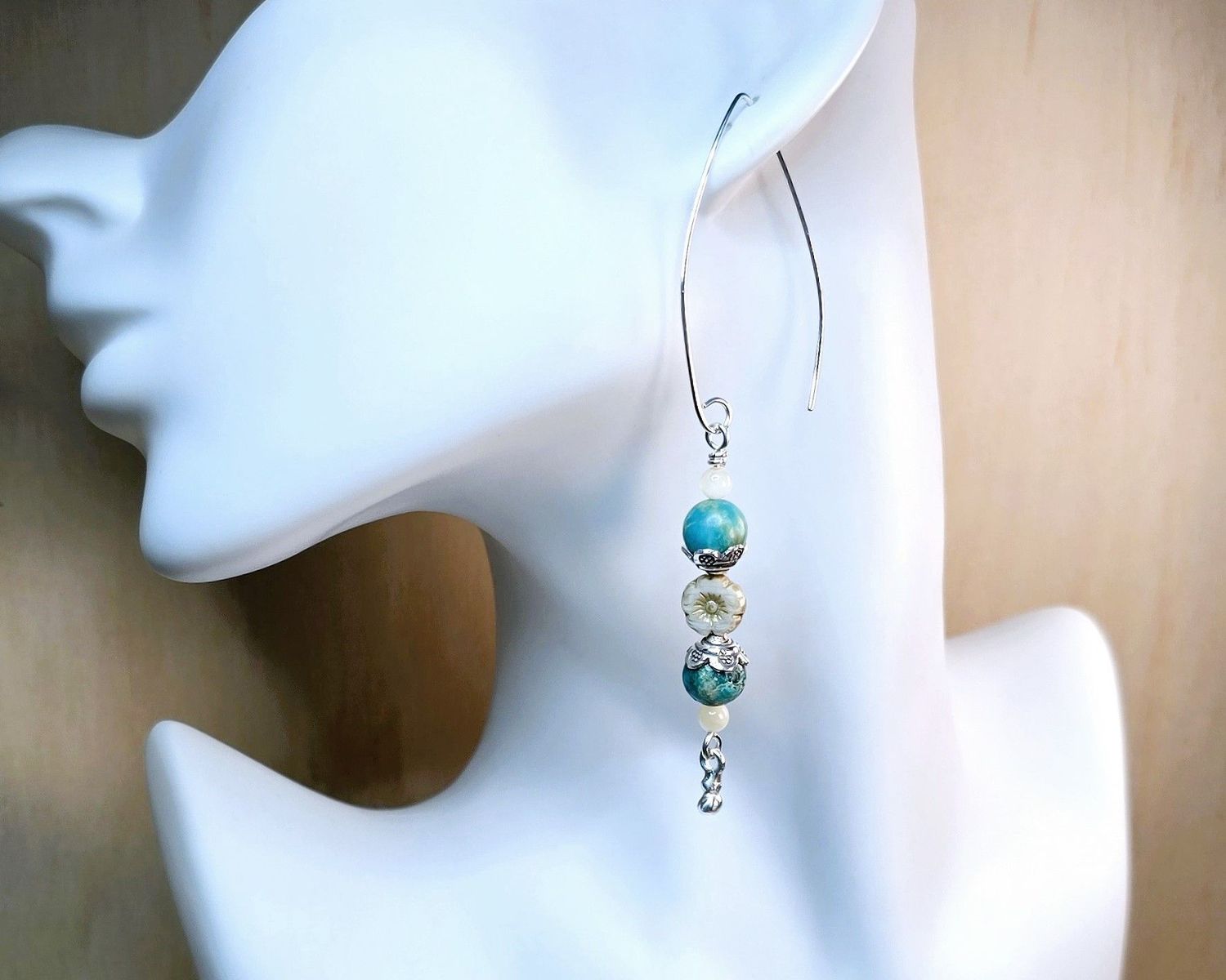 Peruvian Turquoise Earrings with Czech Glass Flower, Onyx and Hilltribe Silver Peruvian Turquoise Earrings with Czech Glass Flower, Onyx and Hilltribe Silver