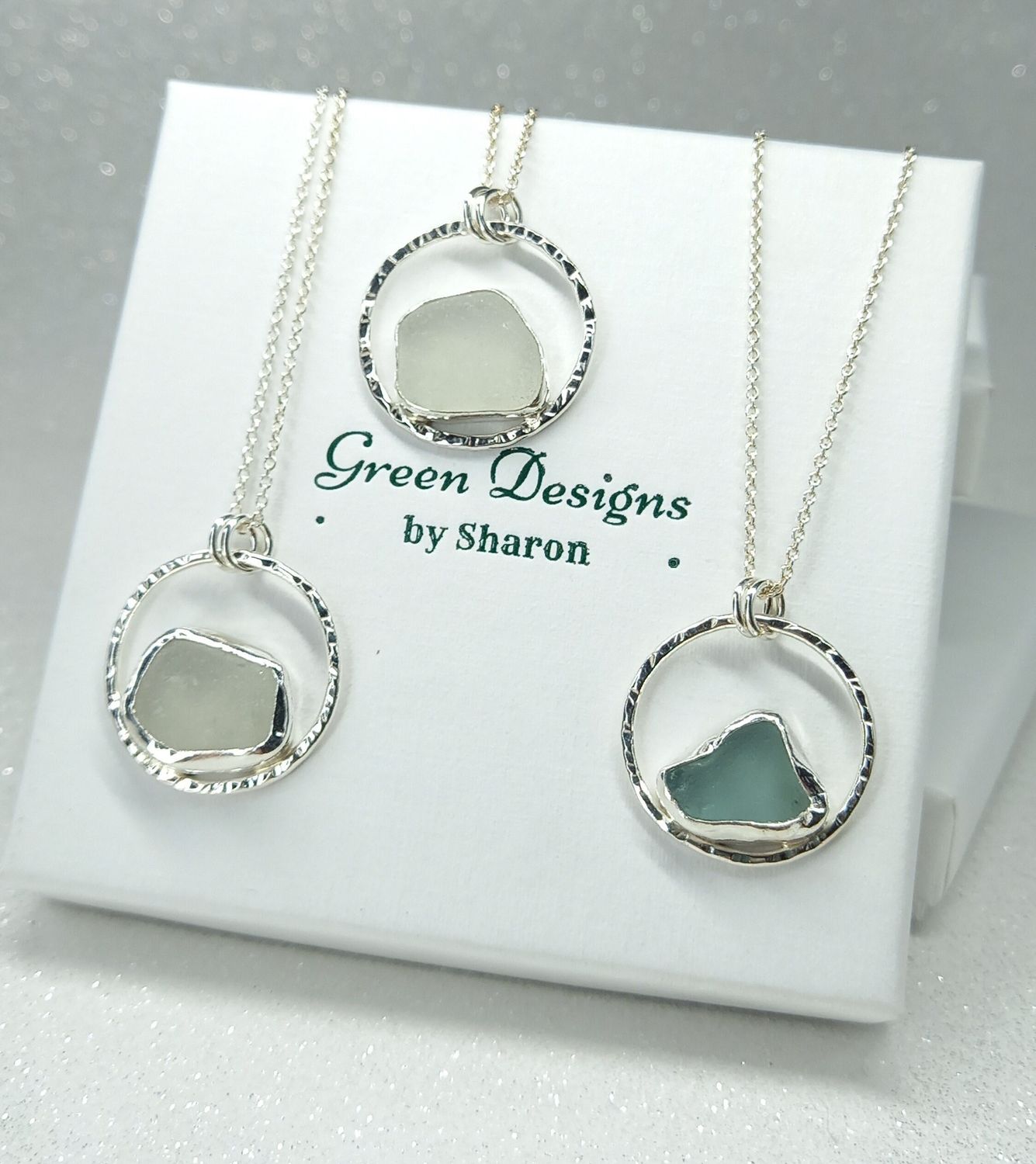 Scottish Sea Glass Sterling Silver Hammered Hoop Necklace - White or Seafoam