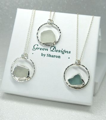 Scottish Sea Glass Sterling Silver Hammered Hoop Necklace - White or Seafoam