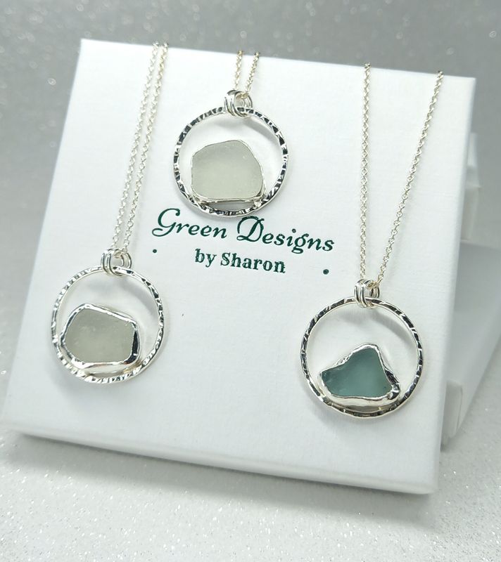 Scottish Sea Glass Sterling Silver Hammered Hoop Necklace - White or Seafoam