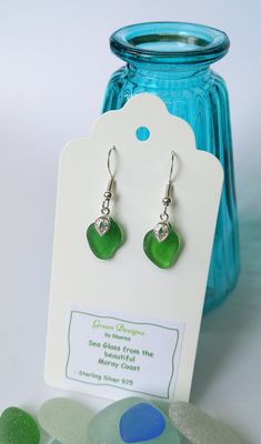 Dangling Sea Glass Silver Earrings - Green