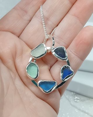 Chunky Shades of Blue Scottish Sea Glass Necklace - Hallmarked