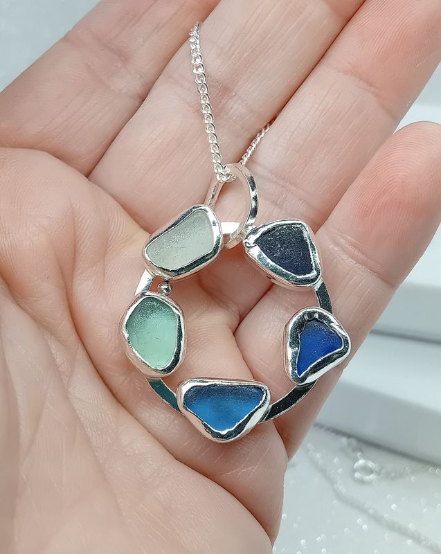 Chunky Shades of Blue Scottish Sea Glass Necklace - Hallmarked