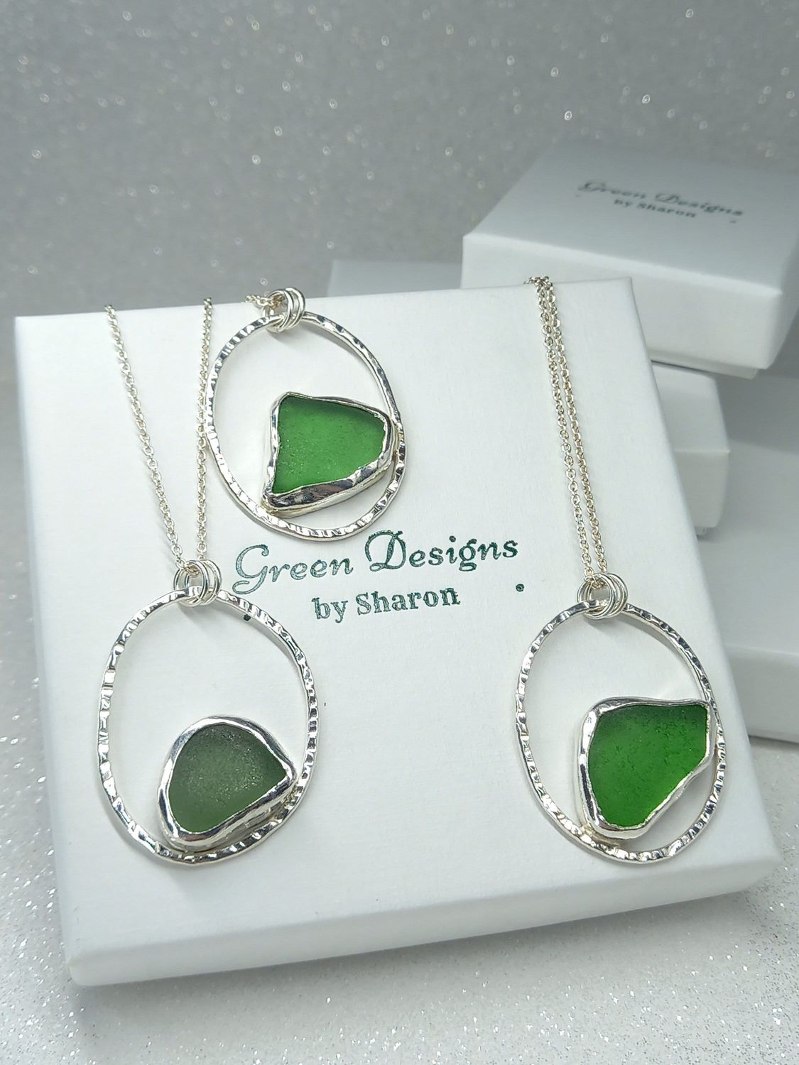 Scottish Sea Glass Sterling Silver Hammered Oval Necklace - Green