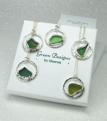 Scottish Sea Glass Sterling Silver Hammered Hoop Necklace - Green