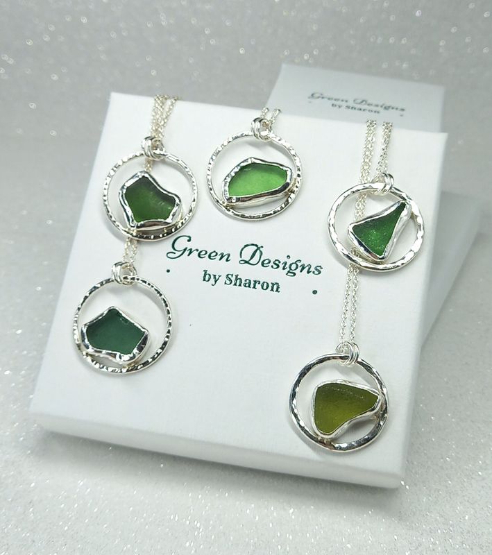 Scottish Sea Glass Sterling Silver Hammered Hoop Necklace - Green