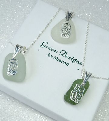 Scottish Sea Glass Owl Charm Necklace - Sterling Silver - Various Colours available