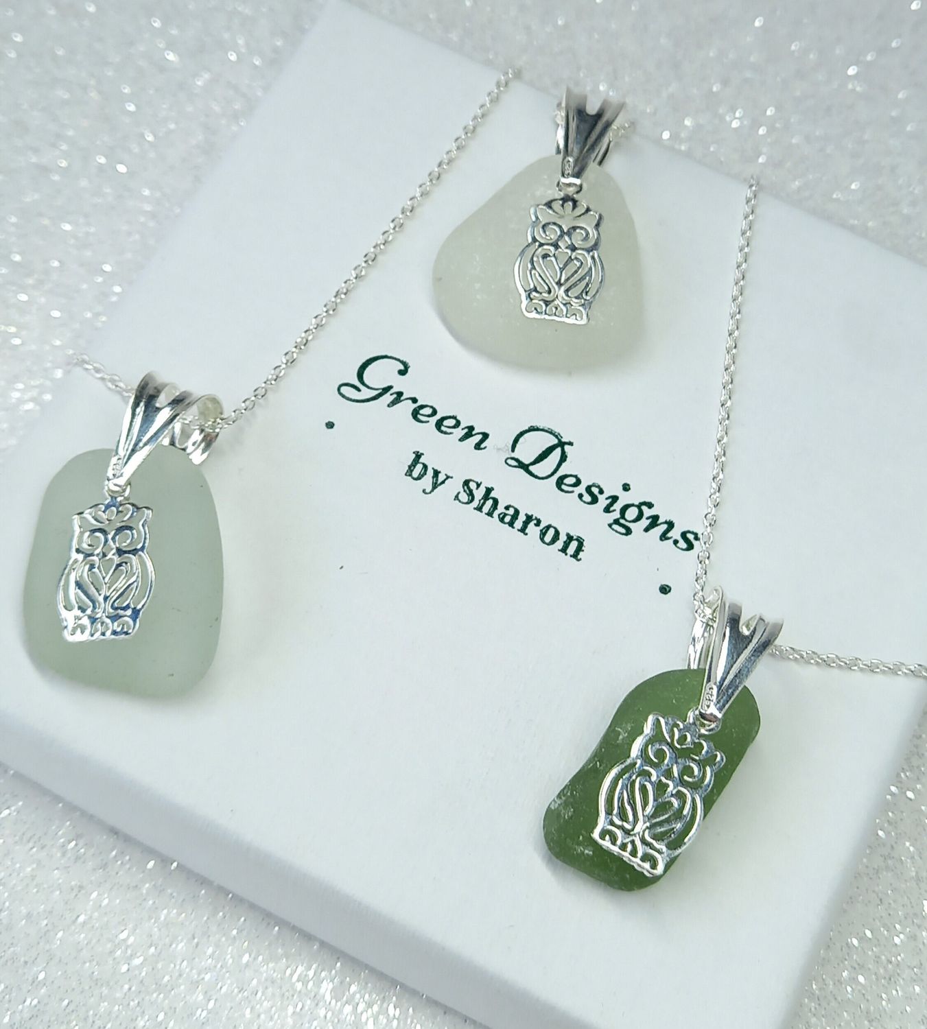 Scottish Sea Glass Owl Charm Necklace - Sterling Silver - Various Colours available