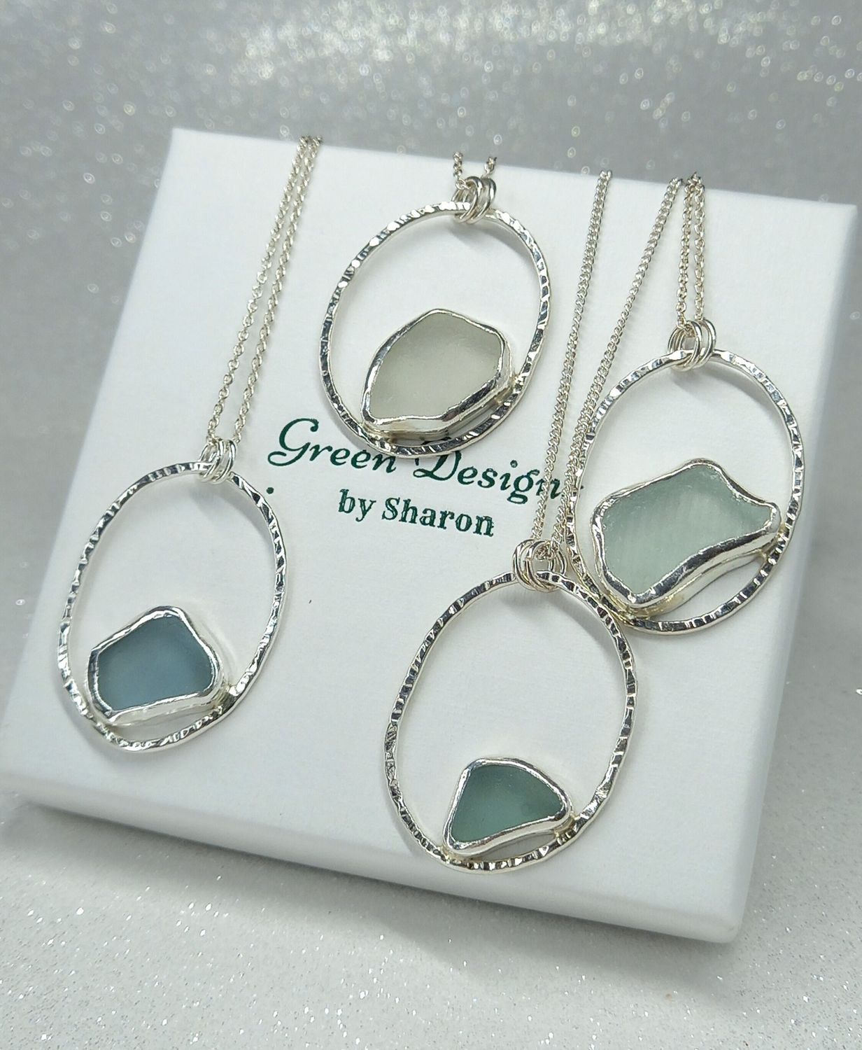 Scottish Sea Glass Sterling Silver Hammered Oval Necklace - White or Seafoam