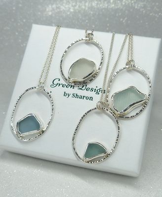 Scottish Sea Glass Sterling Silver Hammered Oval Necklace - White or Seafoam