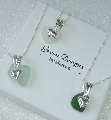Scottish Sea Glass Puffy Heart Charm Necklace - Sterling Silver - Various Colours available