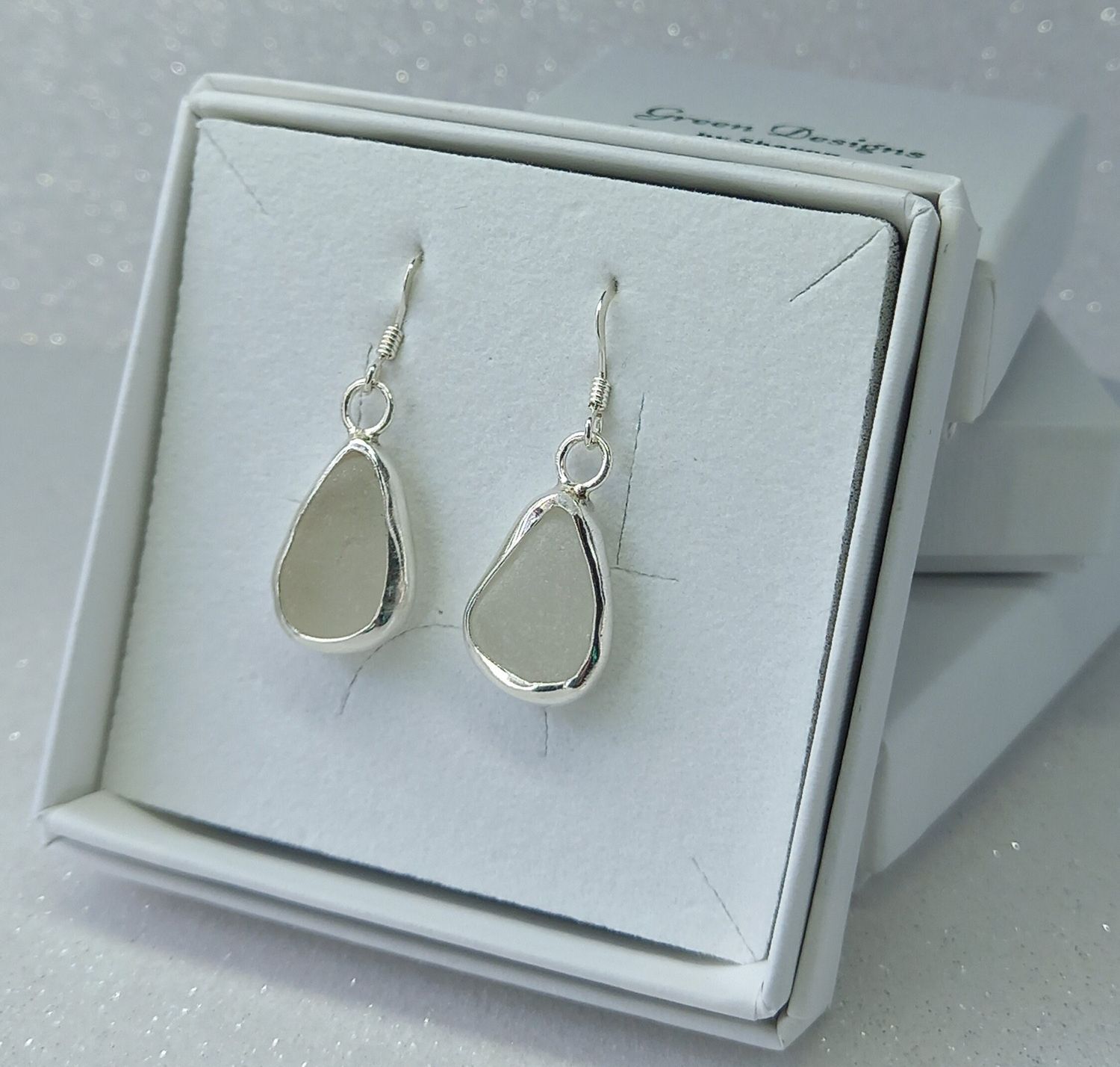 Scottish Sea Glass Open Bezel Sterling Silver Earrings - Clear/White
