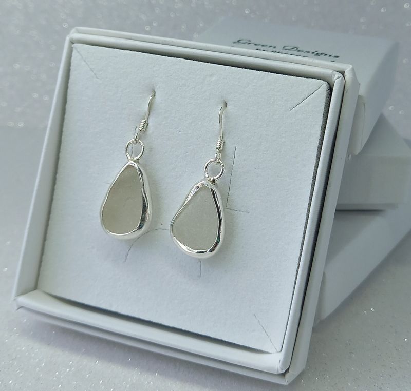 Scottish Sea Glass Open Bezel Sterling Silver Earrings - Clear/White