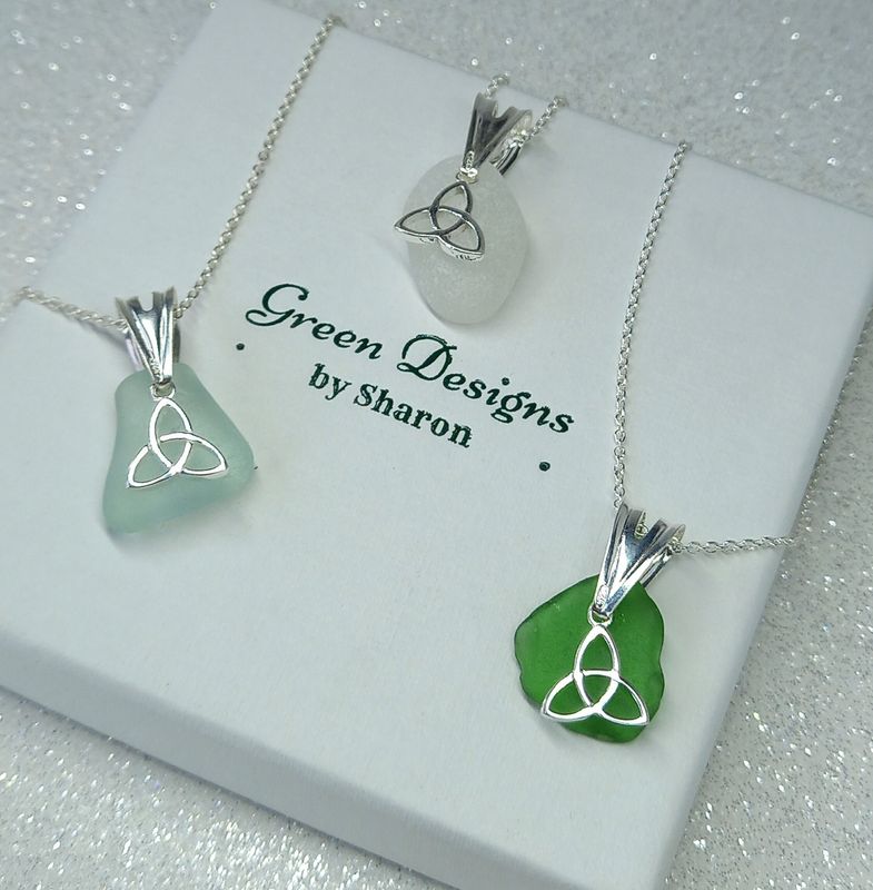Scottish Sea Glass Celtic Knot Charm Necklace - Sterling Silver - Various Colours available