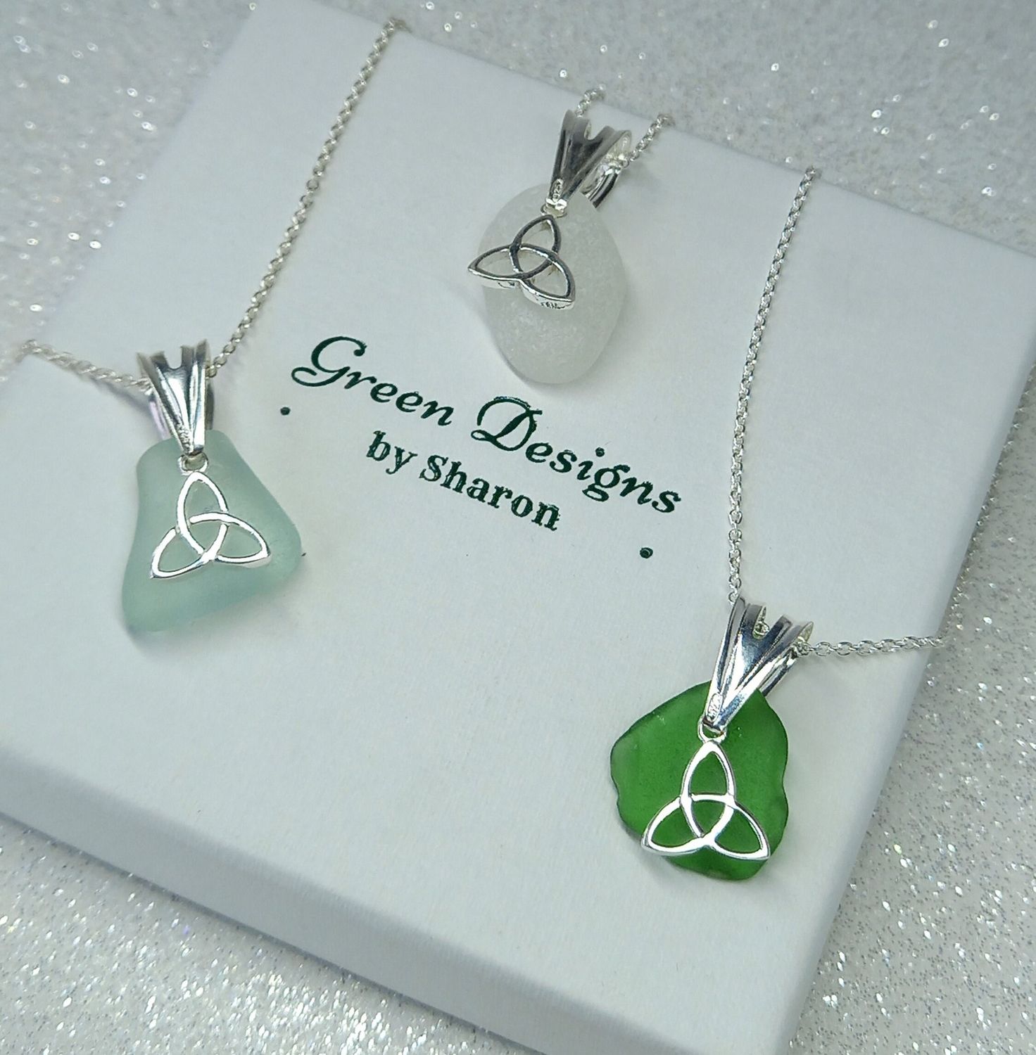 Scottish Sea Glass Celtic Knot Charm Necklace - Sterling Silver - Various Colours available
