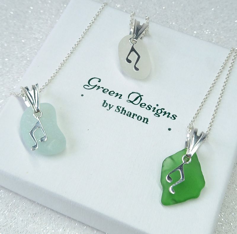Scottish Sea Glass Music Note Charm Necklace - Sterling Silver - Various Colours available