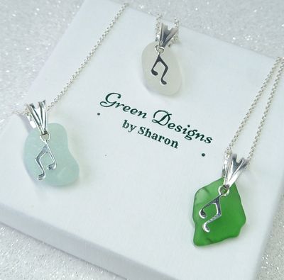 Scottish Sea Glass Music Note Charm Necklace - Sterling Silver - Various Colours available