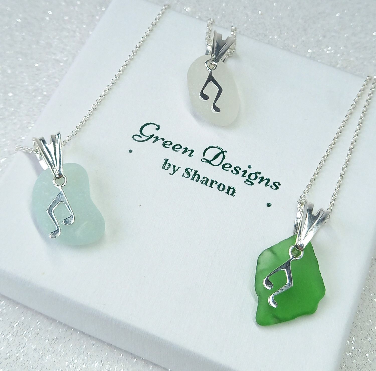 Scottish Sea Glass Music Note Charm Necklace - Sterling Silver - Various Colours available