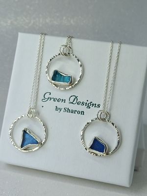 Scottish Sea Glass Sterling Silver Hammered Hoop Necklace - Blue