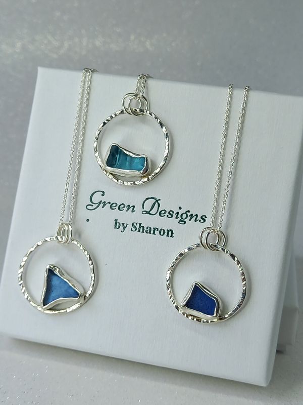 Scottish Sea Glass Sterling Silver Hammered Hoop Necklace - Blue