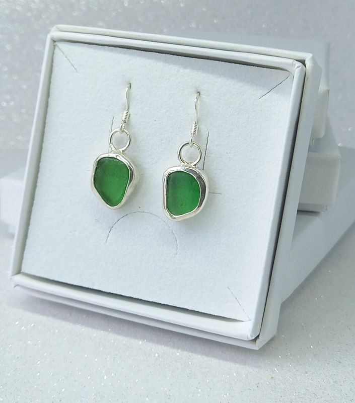 Scottish Sea Glass Open Bezel Sterling Silver Earrings - Green