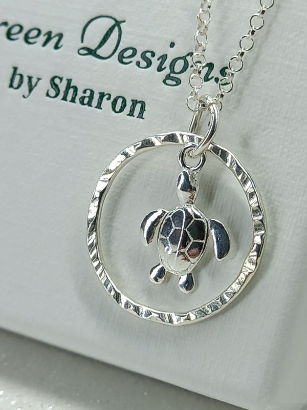 Sterling Silver Hoop with Turtle Charm Necklace - fidget/anxiety Necklace